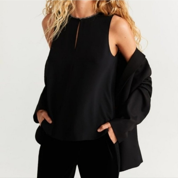 Mango Tops - MNG Mango Suit Black Beaded Neckline Blouse Size 2